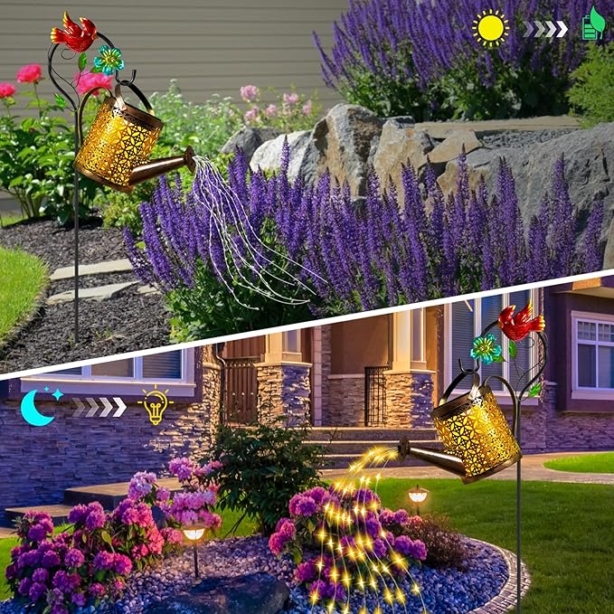 Mothers Day Gifts Solar Lights Outdoor, Watering Can with Cascading Lights, Watering Can with Hook Solar Lantern, Gardening Decor for Yard Patio, Gardening Gifts for Mom Grandma Women (2 Pack)
