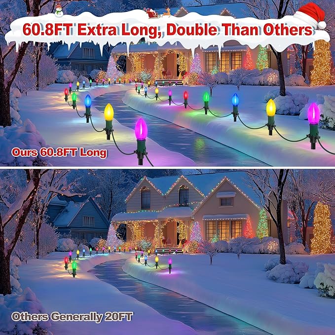 60Ft C9 Led Christmas Pathway Lights Outdoor, 40 Multicolor Bulbs Waterproof Connectable Extra Long Christmas Walkway Lights for Large Driveway, Yard, Lawn