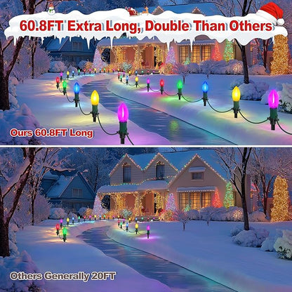 60Ft C9 Led Christmas Pathway Lights Outdoor, 40 Multicolor Bulbs Waterproof Connectable Extra Long Christmas Walkway Lights for Large Driveway, Yard, Lawn