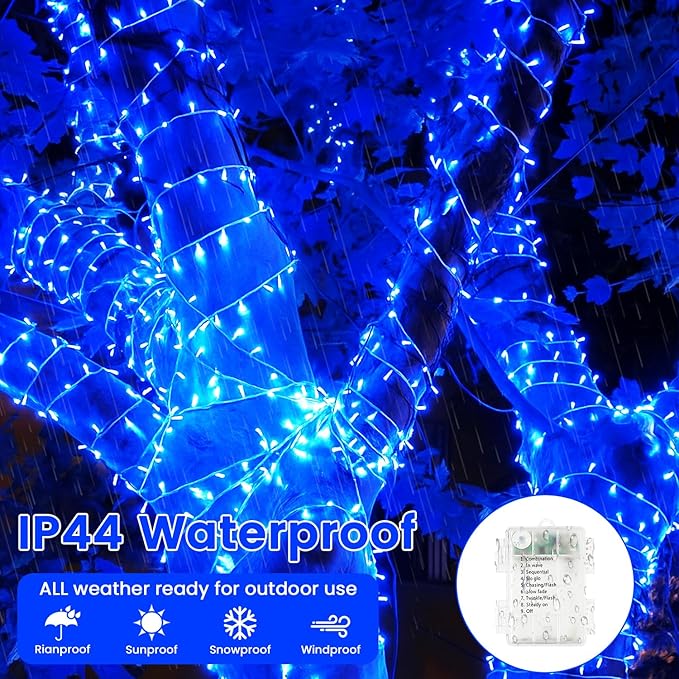 2 Pack Christmas String Lights Battery Operated with Timer, 66FT 200 LED Waterproof Twinkle Lights, 8 Modes Fairy Light for Indoor and Outdoor Bedroom Garland Tree Christmas Decorations (Blue)
