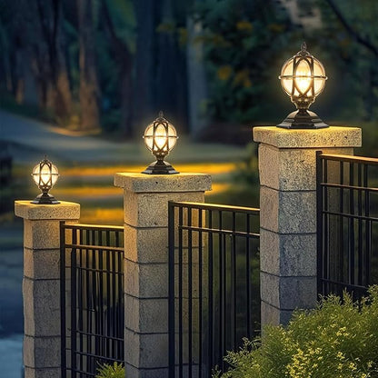 Outdoor Post Caps Lights Fixture Exterior Post Mount Column Lights IP55 Waterproof Pillar Lamps Fence Deck Caps Lanterns With Globe Amber Glass Landscape Lighting Yard Porch Gate Bollard Pedestal Lamp