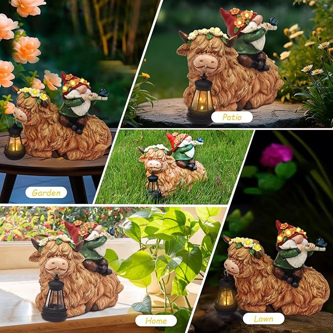 WINTS Solar Highland Cow Gnome Light Outdoor Statues, Christmas Highland Cow with Lantern for Lawn Yard Outdoor Garden Decorations, Heartwarming Gift for Mom & Women