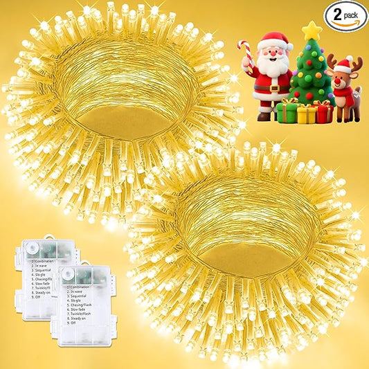 2 Pack Christmas String Lights Battery Operated with Timer, 66FT 200 LED Waterproof Twinkle Lights, 8 Modes Fairy Light for Indoor and Outdoor Bedroom Garland Tree Christmas Decorations (Warm White)