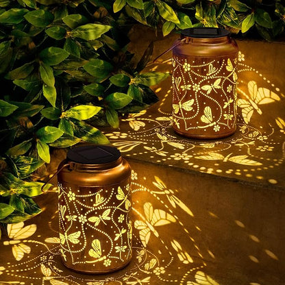 2 Packs Dragonfly Solar Lanterns Outdoor Waterproof, Dragonfly Gifts for Women Mom Grandma Metal Hanging Solar Lanterns for Patio Porch Garden Decor