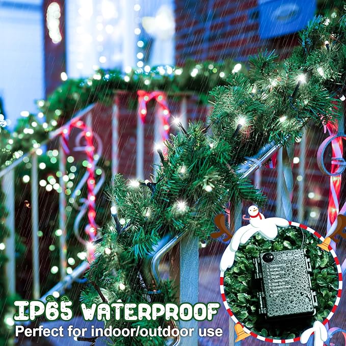 White Christmas Lights Outdoor Battery Operated String Lights Total 100LED 33Ft with Timer 8 Modes 16.4Ft*2 Waterproof Outdoor Indoor for Christmas Decor, Cold White, 2-Pack
