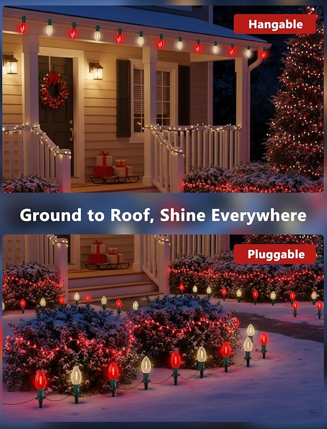 19.5FT Red and White C9 Christmas Pathway Lights, Outdoor LED String Lights with 10 Connectable Bulbs, Waterproof Yard Decor for Walkway, Driveway, Garden, and Holiday Lighting