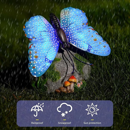 Solar Butterfly Garden Statue Weatherproof Outdoor Hand-Painted Decor Butterfly Resin Figurine Blue