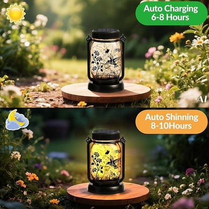 Hummingbird Solar Lanterns Outdoor Waterproof Hanging Solar Lantern Lights Glass Mason Jar Garden Decor 3 in 1 Hummingbird/Cat/Dog for Mom Grandma Sister Birthday, 1*Lanterns & 3*Patterns