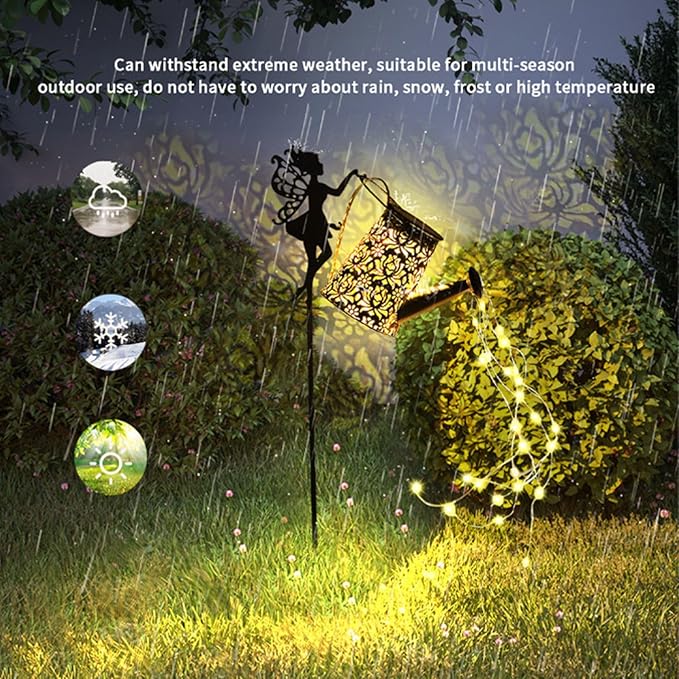 Solar Fairy Kettle Light,Solar Fairy Decorative Pile Light With Watering Can Decorative Metal Outdoor Decorations,IP65 waterproof chandelier landscape lamp,Suitable for Courtyard,Path,Lawn,Terrace