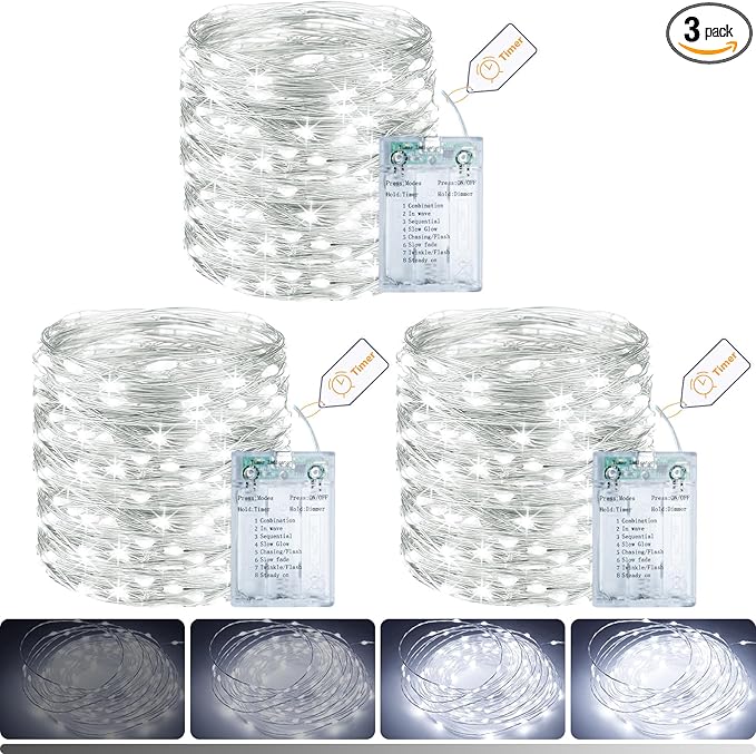 3-Pack 33ft Christmas LED String Lights, Waterproof Timer Lights