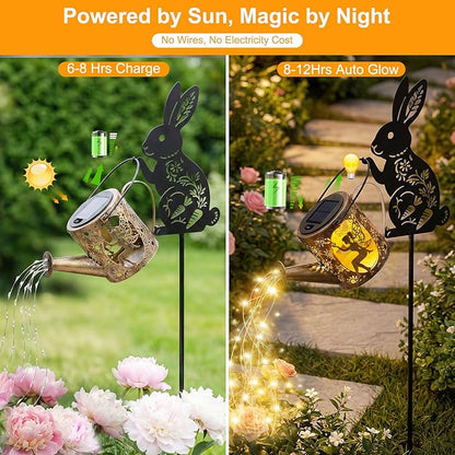 Solar Watering Can Light with Bunny Silhouette Stake & Fairy Design - Cascading LED String Light for Garden Yard Patio Decor, IP65 Waterproof Outdoor Gift for Mom, Women, Birthday, Housewarming