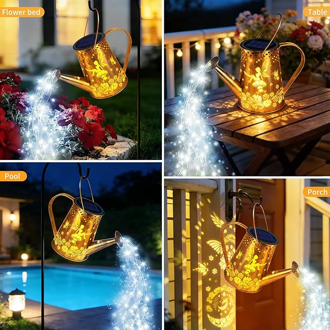 YJFWAL Solar Watering can with Lights, Unique Gifts for Mom Grandma Women Birthday, Waterproof Gardening Gifts Watering Can with Cascading Lights Outdoor Decor for Garden Patio Yard Pathway