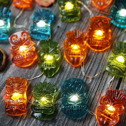 Indoor Tiki Bar and Dorm Room Decorations, 7FT 20PCS Colorful Tiki Mask LED String Lights, USB Powered with Battery Box, Tropical Party Fairy Lights for Bedroom Wall Shelf Summer Décor