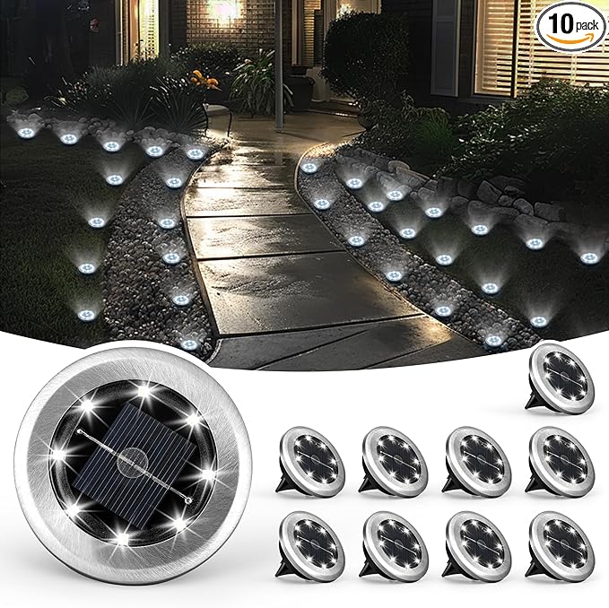 10-Pack Solar Ground Disk Lights, Cool White Waterproof LED