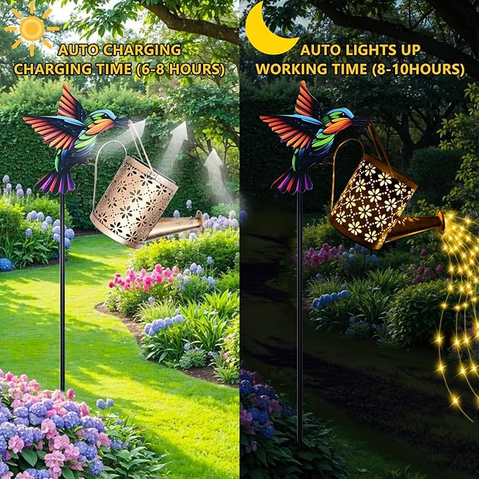 Solar Watering Can with Cascading Lights Outdoor Garden Decor, Hummingbird Shaped Hook Gardening Gifts for Mom Women Grandma Birthday, Solar Lights for Garden Decorations Patio Yard Lawn Backyard