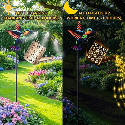 Solar Watering Can with Cascading Lights Outdoor Garden Decor, Hummingbird Shaped Hook Gardening Gifts for Mom Women Grandma Birthday, Solar Lights for Garden Decorations Patio Yard Lawn Backyard
