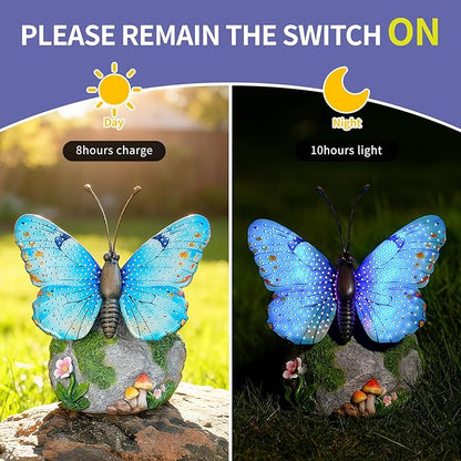 Solar Butterfly Garden Statue Weatherproof Outdoor Hand-Painted Decor Butterfly Resin Figurine Blue