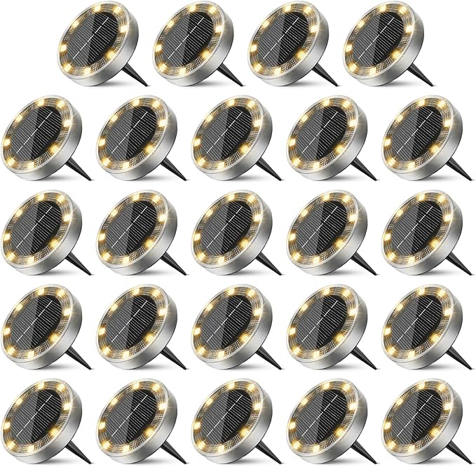 24 Pack Solar Ground Lights Outdoor, 8 LED Mini Flat Solar Disk Lights, IP65 Waterproof Anti-Rust Disc Light, Landscape Lighting for Garden Pathway Yard Walkway Driveway Lawn,Warm White