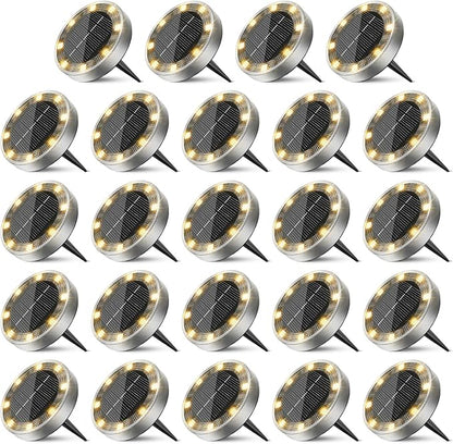 24 Pack Solar Ground Lights Outdoor, 8 LED Mini Flat Solar Disk Lights, IP65 Waterproof Anti-Rust Disc Light, Landscape Lighting for Garden Pathway Yard Walkway Driveway Lawn,Warm White