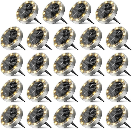 24 Pack Solar Ground Lights Outdoor, 8 LED Mini Flat Solar Disk Lights, IP65 Waterproof Anti-Rust Disc Light, Landscape Lighting for Garden Pathway Yard Walkway Driveway Lawn,Warm White