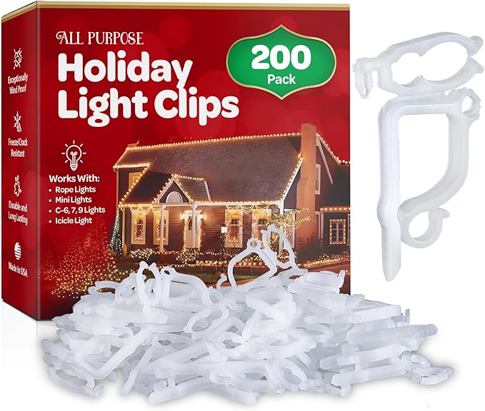 All-Purpose Holiday Light Clips [Set of 200] Christmas Clips, Outdoor Light Clips - Mount to Shingles & gutters - Works with Mini, C6, C7, C9, Rope, Icicle Lights - No Tools Required - USA Made