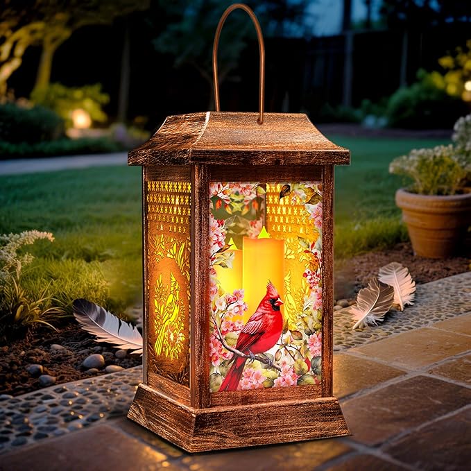 Cardinal Solar Lanterns Outdoor Hanging Lanterns, Metal Glass Garden Decor Solar Lights, Gifts for Women Mom Birthday Grandma Mothers Day, Waterproof Decorative Lantern for Outside Patio Yard