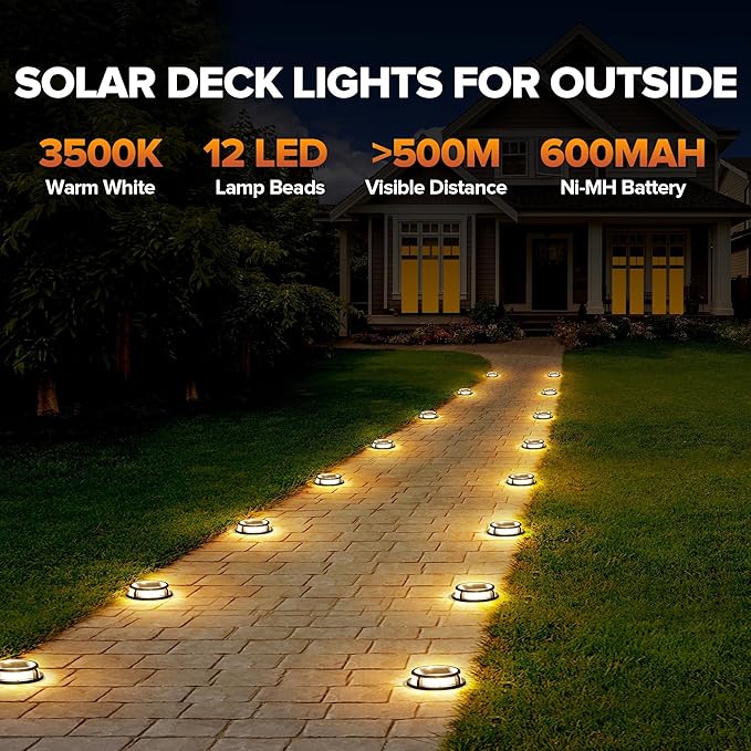 LUTEC 2 Pack Solar Deck Lights, 12 LEDs IP65 Waterproof Solar, Outdoor Driveway Marker Lights for Step, Sidewalk, Pathway, Patio, Garden(Warm White)