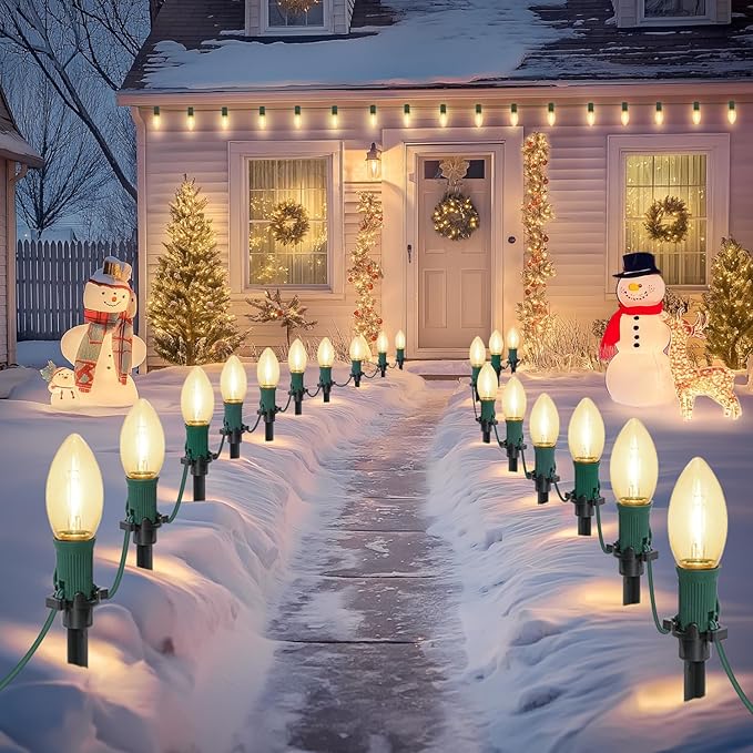 45Ft C9 30 Led Bulbs Christmas Pathway Lights Outdoor, Warm White Waterproof Connectable Christmas Walkway Lights for Driveway, Yard, Lawn, Sidewalk Decorations