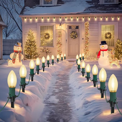 45Ft C9 30 Led Bulbs Christmas Pathway Lights Outdoor, Warm White Waterproof Connectable Christmas Walkway Lights for Driveway, Yard, Lawn, Sidewalk Decorations