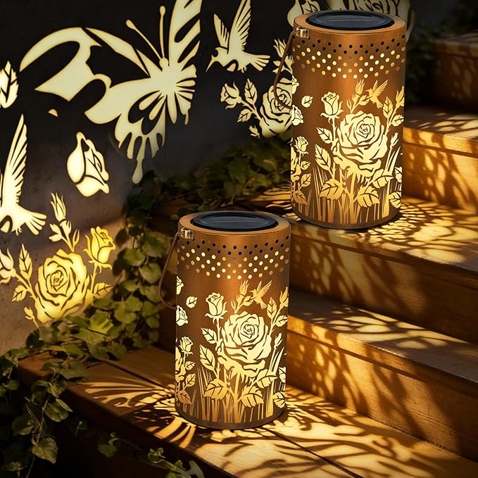 PHILORN Butterfly USB-C Solar Lanterns Outdoor Waterproof Rose Garden Decor Birthday Gifts for Mom Grandma Women Metal Hanging Solar Lights Decorations for Backyard Patio Lawn Porch Landscape