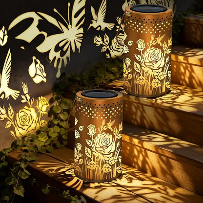 PHILORN Butterfly USB-C Solar Lanterns Outdoor Waterproof Rose Garden Decor Birthday Gifts for Mom Grandma Women Metal Hanging Solar Lights Decorations for Backyard Patio Lawn Porch Landscape