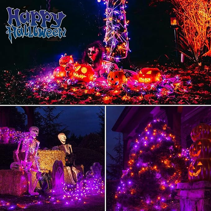 echosari 2 Pack Halloween Fairy Lights Battery Operated, 200 LED 66Ft Auto Timer Silver Wire Starry String Lights 8 Modes for Outdoor Garden Yard Fence Decor (Purple & Orange)
