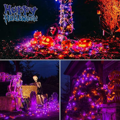 echosari 2 Pack Halloween Fairy Lights Battery Operated, 200 LED 66Ft Auto Timer Silver Wire Starry String Lights 8 Modes for Outdoor Garden Yard Fence Decor (Purple & Orange)