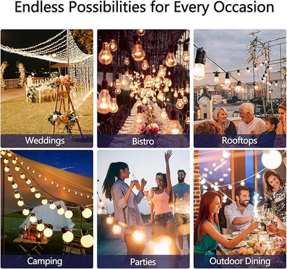 Stright Solar Powered String Light 100FT with Remote Control 8 Light Modes, Weatherproof Shatterproof ST38 LED Bulb 30 Sockets for Backyard Porch Cafe, Large Solar Panel