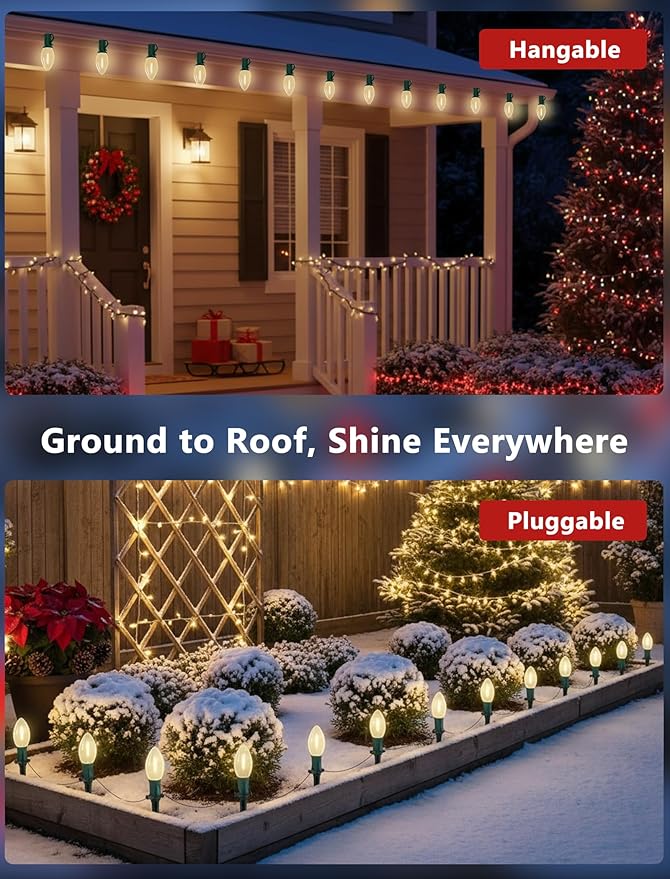 38FT LED Outdoor Christmas Pathway Lights,25 Warm White Extendable Waterproof Christmas Walkway Lights with C9 LED Bulbs and Stakes for Walkway Backyard Snowfield Xmas Decorations