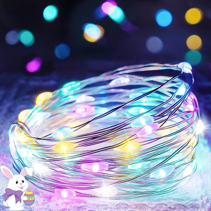 4 Pack 50 LED Easter Lights Battery Operated with Remote, 16FT Waterproof Twinkle Lights with Timer & 8 Modes, Pastel Fairy String Light Outdoor Indoor for Spring Bedroom Easter Decor (Multicolor)