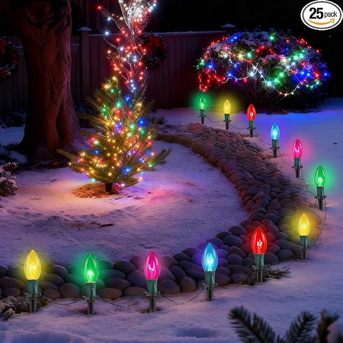 C9 Multicolor Christmas Pathway Lights,38FT 25 Pcs Multicolored Extendable Waterproof Christmas Walkway Lights with Multicolor Bulbs and Stakes for Outdoor Lawn Garden Sidewalk Xmas Decorations