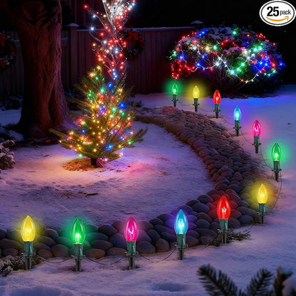 C9 Multicolor Christmas Pathway Lights,38FT 25 Pcs Multicolored Extendable Waterproof Christmas Walkway Lights with Multicolor Bulbs and Stakes for Outdoor Lawn Garden Sidewalk Xmas Decorations