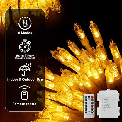 Christmas Lights Battery Operated, 33Ft 100 LED Warm White Xmas Lights with Auto Timer & 8 Modes, Shatterproof Waterproof for Outdoor Indoor Home Christmas Decor, White Wire