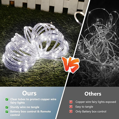 Jnaurb Battery Operated Rope Lights for Outside, 33FT 100LED 8 Modes Battery Operated String Lights, Waterproof Christmas Fairy Light with Remote for Outdoor Indoor Patio Xmas Party Decoration - White