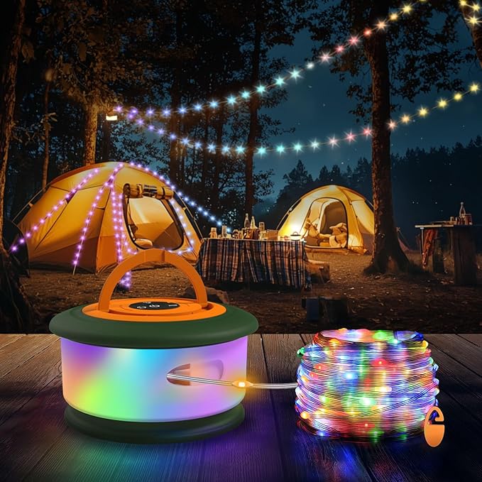Camping String Lights, 3 in 1 Upgraded Retractable RGB Outdoor Tent Lights with 19 Modes, Quick 30s Recovery, 32.8 FT Portable, Rechargeable Camping Lantern (Green & Orange)