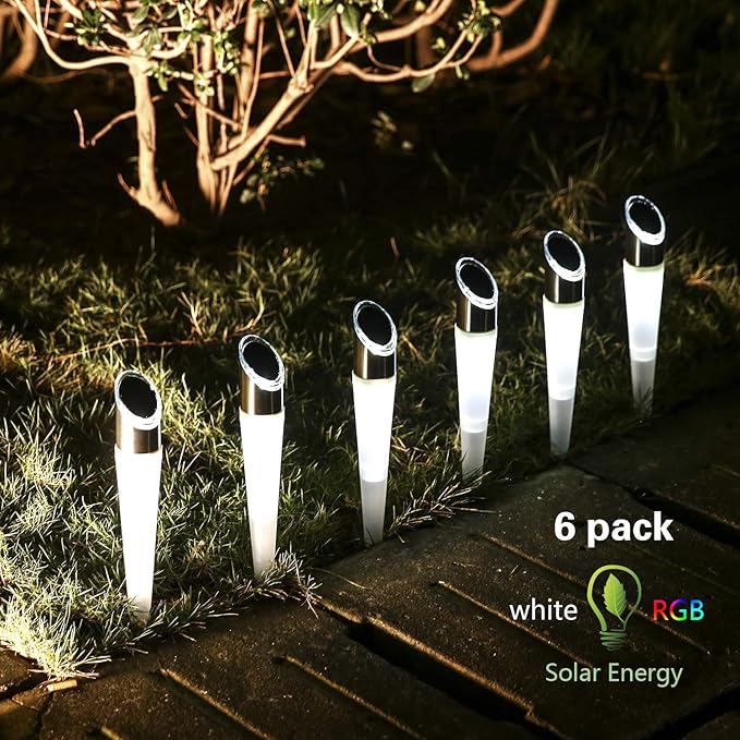 pearlstar Solar Lights Outdoor Garden Pathway Lights LED White&Color Changing Landscape Lighting Waterproof for Path Lawn Patio Yard Walkway Driveway,4 LED Bulbs& 2 Lights Effect (6pack)