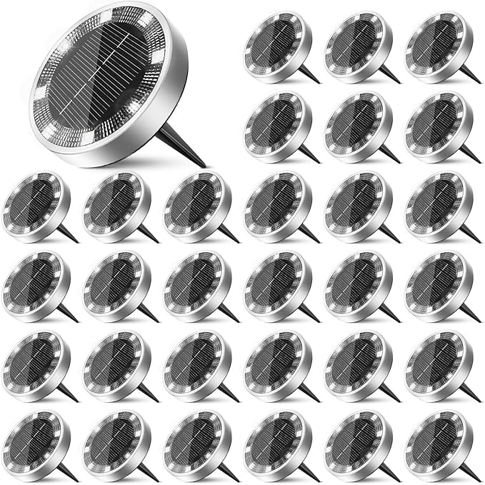 30 Pack Solar Ground Lights Outdoor, 8 LED Mini Flat Solar Disk Lights, IP65 Waterproof Anti-Rust Disc Light, Landscape Lighting for Garden Pathway Yard Walkway Driveway Lawn,Cool White