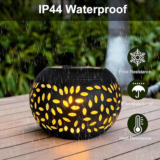 Mothers Day Gifts Solar Table Light Outdoor Waterproof- Solar Powered LED Lantern Hollowed-Out Black Metal Desktop Decorative Lamp for Indoor Desk Bedroom Patio Garden Pathway Yard