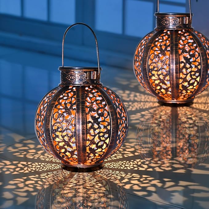 MAGGIFT 2 Pack Hanging Solar Lanterns Outdoor - Vintage Solar Powered Lantern for Outside - Waterproof Solar Lights for Yard Decor 6 Lumens, Copper