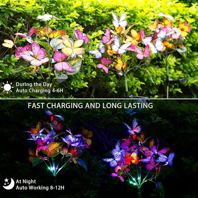 Solar Garden Stake Lights, 8-Pack 176 LED Butterfly & Flower Waterproof Yard Decor Lights