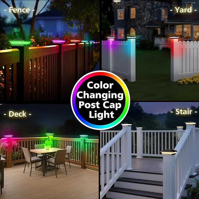 T-SUN Solar Post Cap Lights with Auto-Change Colors- for Vinyl/Wooden Posts IP65 Weatherproof Outdoor Solar Fence Post Lights for Deck, Porch, Garden & Stairs(24-Pack,RGB)