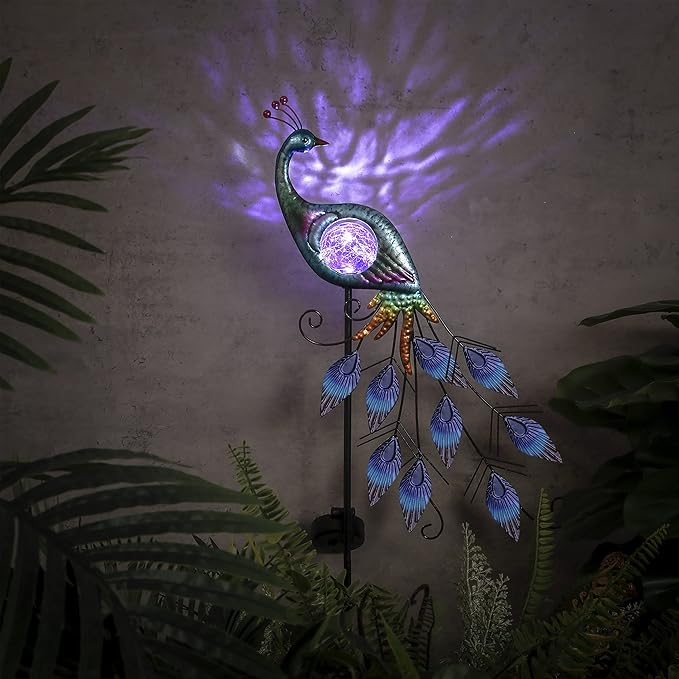 TERESA'S COLLECTIONS Solar Garden Lights Outdoor Garden Decor, Metal Peacock Decorations for Yard, 33'' Purple Decorative Garden Stake for Outside with Crackle Glass Ball, Lawn Party Gifts for Mom
