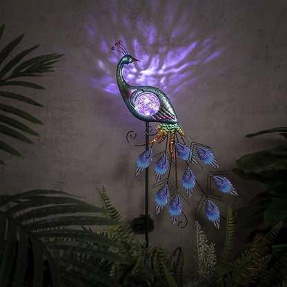 TERESA'S COLLECTIONS Solar Garden Lights Outdoor Garden Decor, Metal Peacock Decorations for Yard, 33'' Purple Decorative Garden Stake for Outside with Crackle Glass Ball, Lawn Party Gifts for Mom