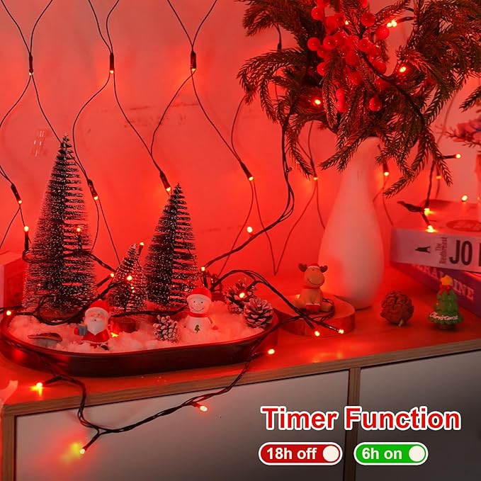 QITONG 2 Pack Red Battery Operated String Lights, Each 33ft 100 LED Christmas Lights Outdoor Indoor, Green Wire Twinkle Lights with Remote
